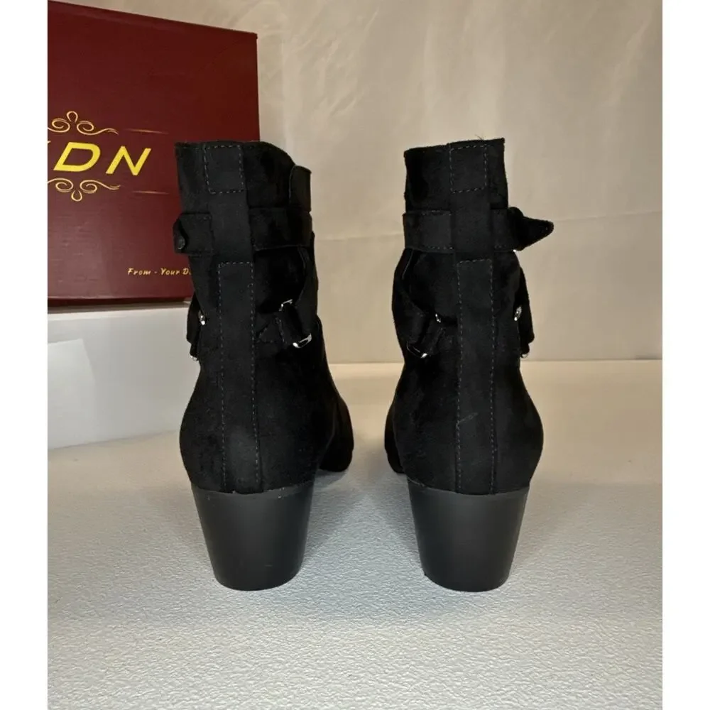 YDN Black Suede Boots Buckle Wrap Strap Block Heel Booties Women’s Size 8